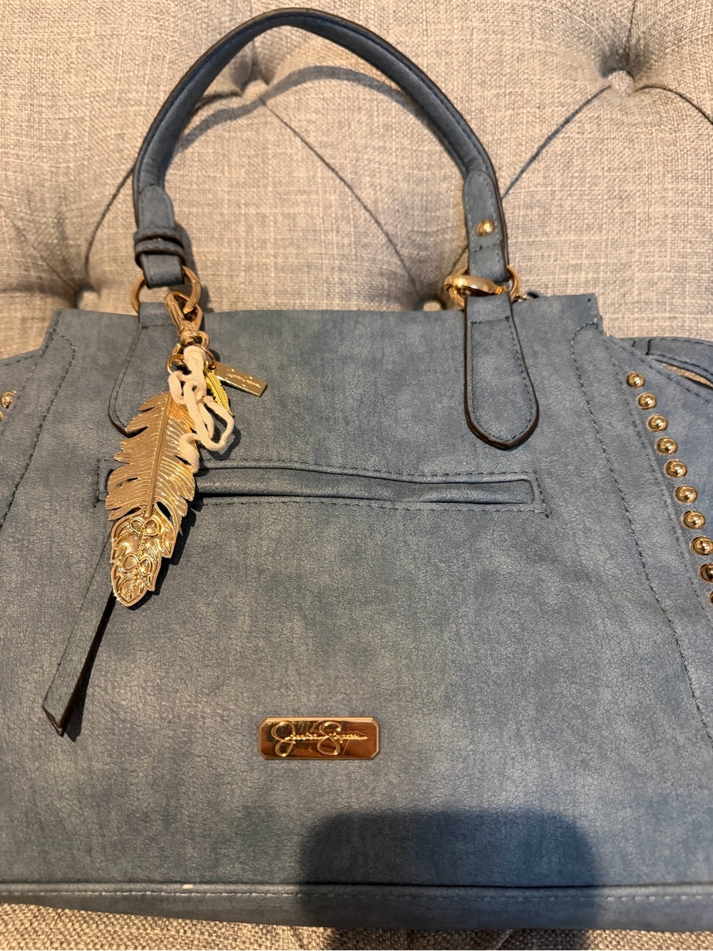 Jessica Simpson Blue Faux Suede Tote with Gold Feather Charm